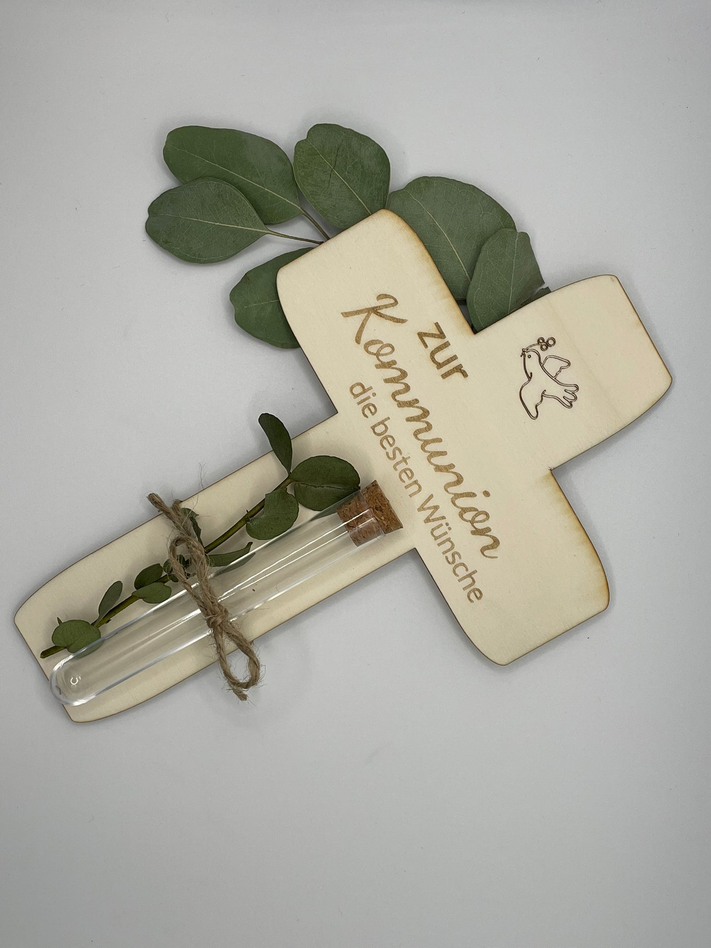 ✝️ Holz-Kreuz „Zur Kommunion“ mit Glasröhrchen 🌿💌