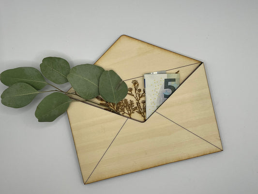 💌 Holz-Umschlag mit Gravur – Gutschein- & Geldgeschenkverpackung 🌿✨