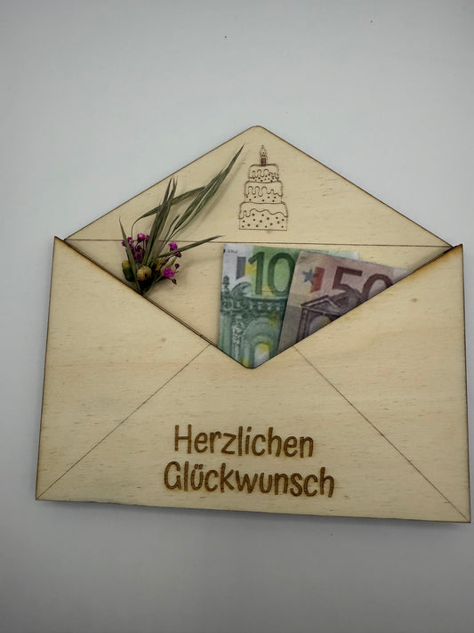 Holzumschlag „Herzlichen Glückwunsch“ mit Torte 🎂✨