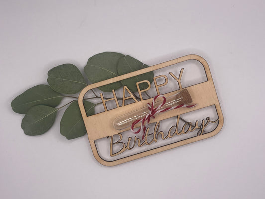 🎉 Happy Birthday Holzkarte mit Reagenzglas – Originelle Geld- & Gutscheinverpackung
