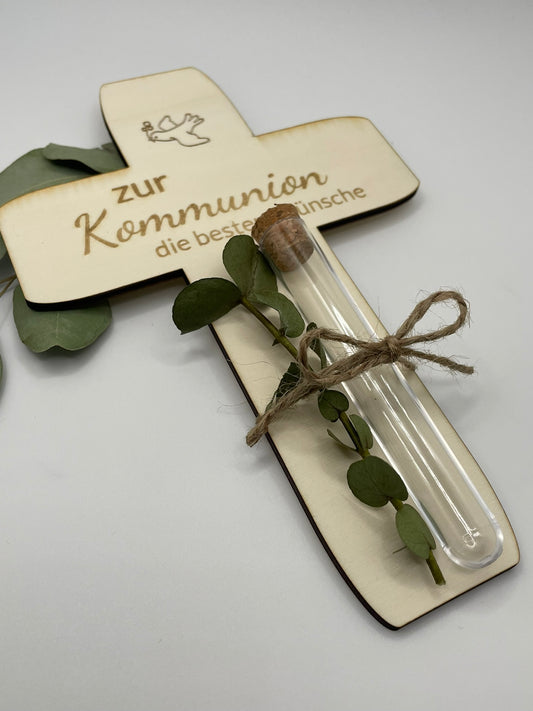 ✝️ Holz-Kreuz „Zur Kommunion“ mit Glasröhrchen 🌿💌